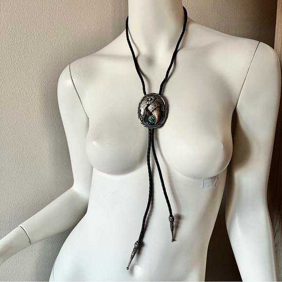 Silver Tone Bolo Genuine Bear Claw Turquoise and Coral tie necklace